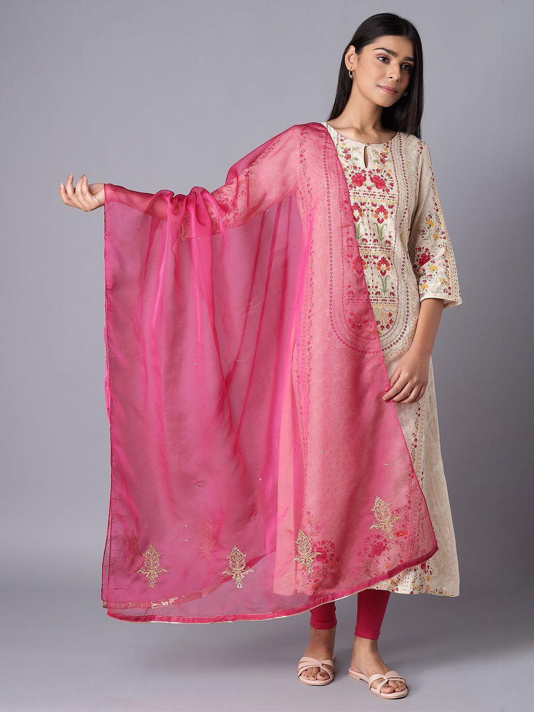 w women dark pink ethnic motifs embroidered dupatta