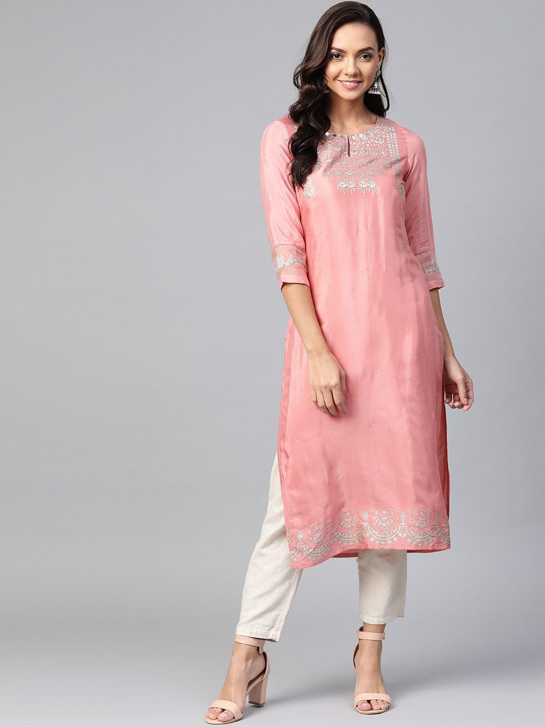 w women dusty pink & silver printed straight kurta