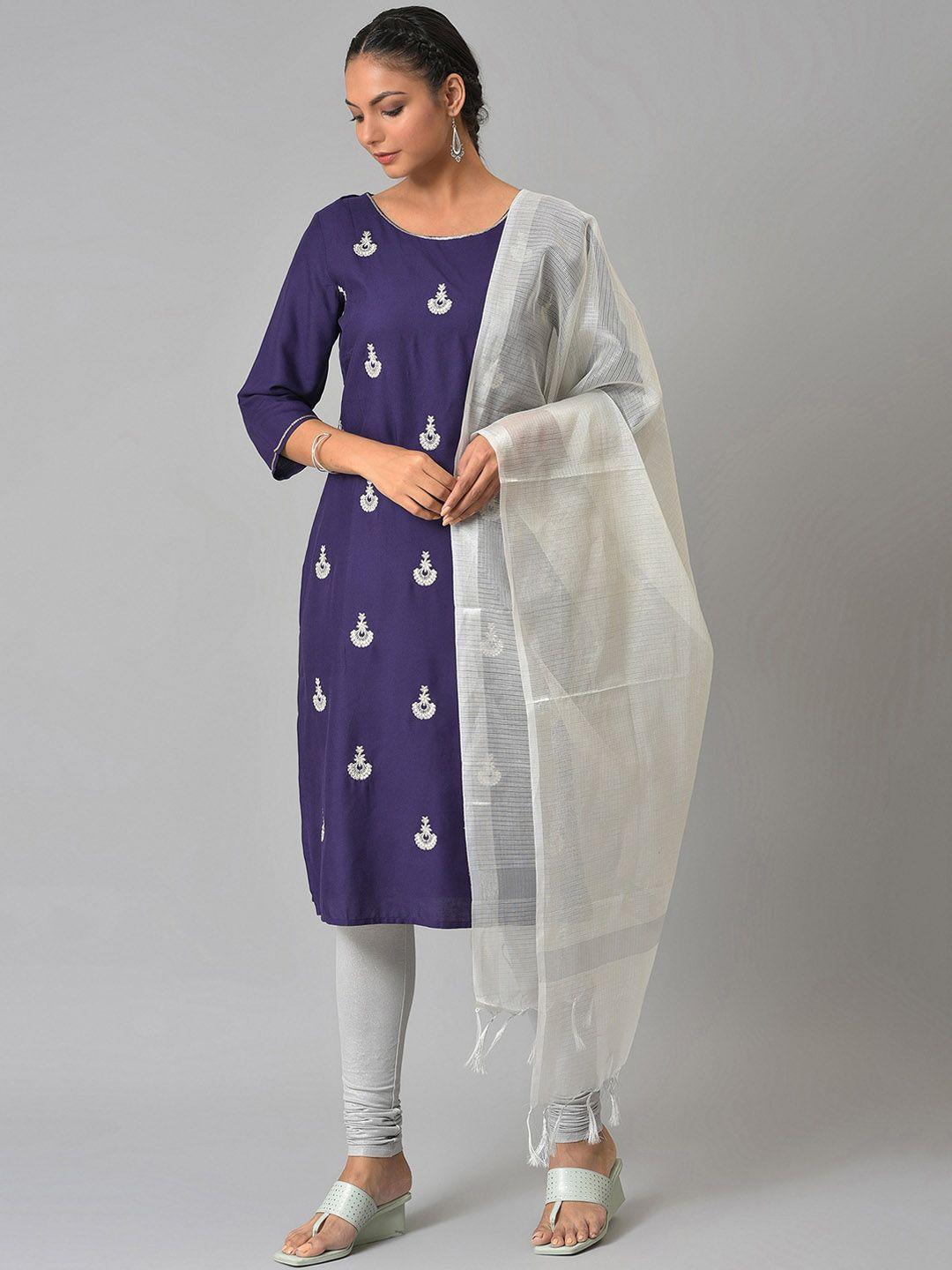 w women embroidered kurta with churidar & dupatta