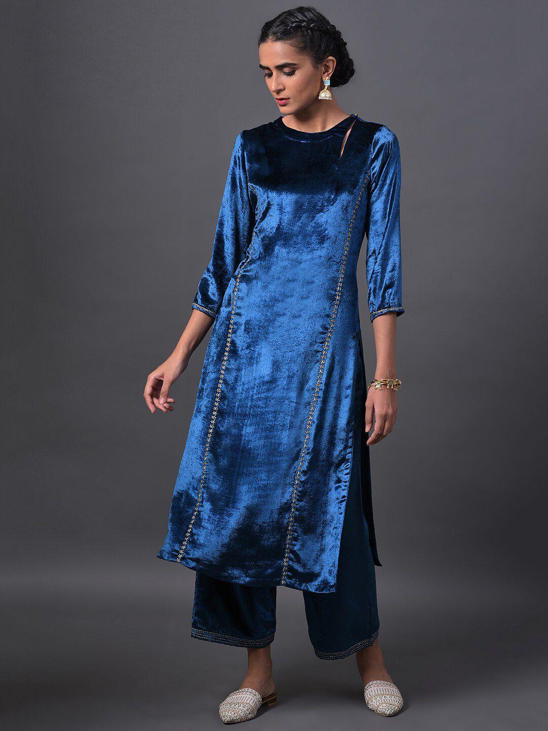 w women embroidered velvet kurta with straight pants