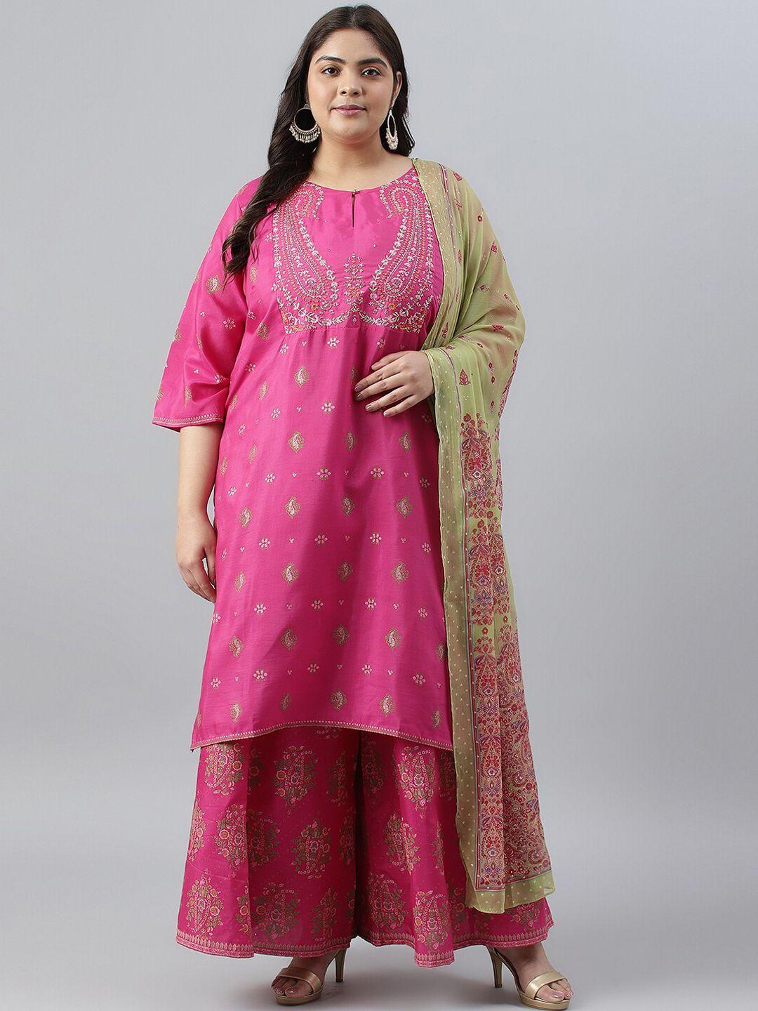 w women ethnic motifs thread work plus size kurta with palazzos & dupatta