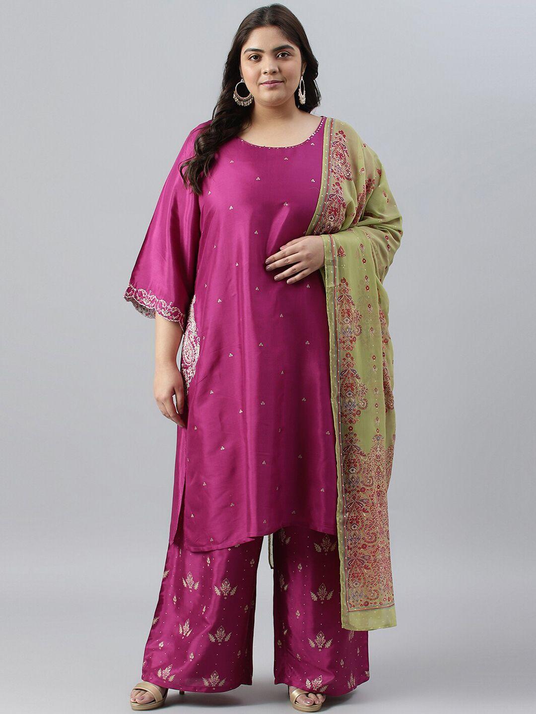 w women floral embroidered sequinned kurta with palazzos & with dupatta