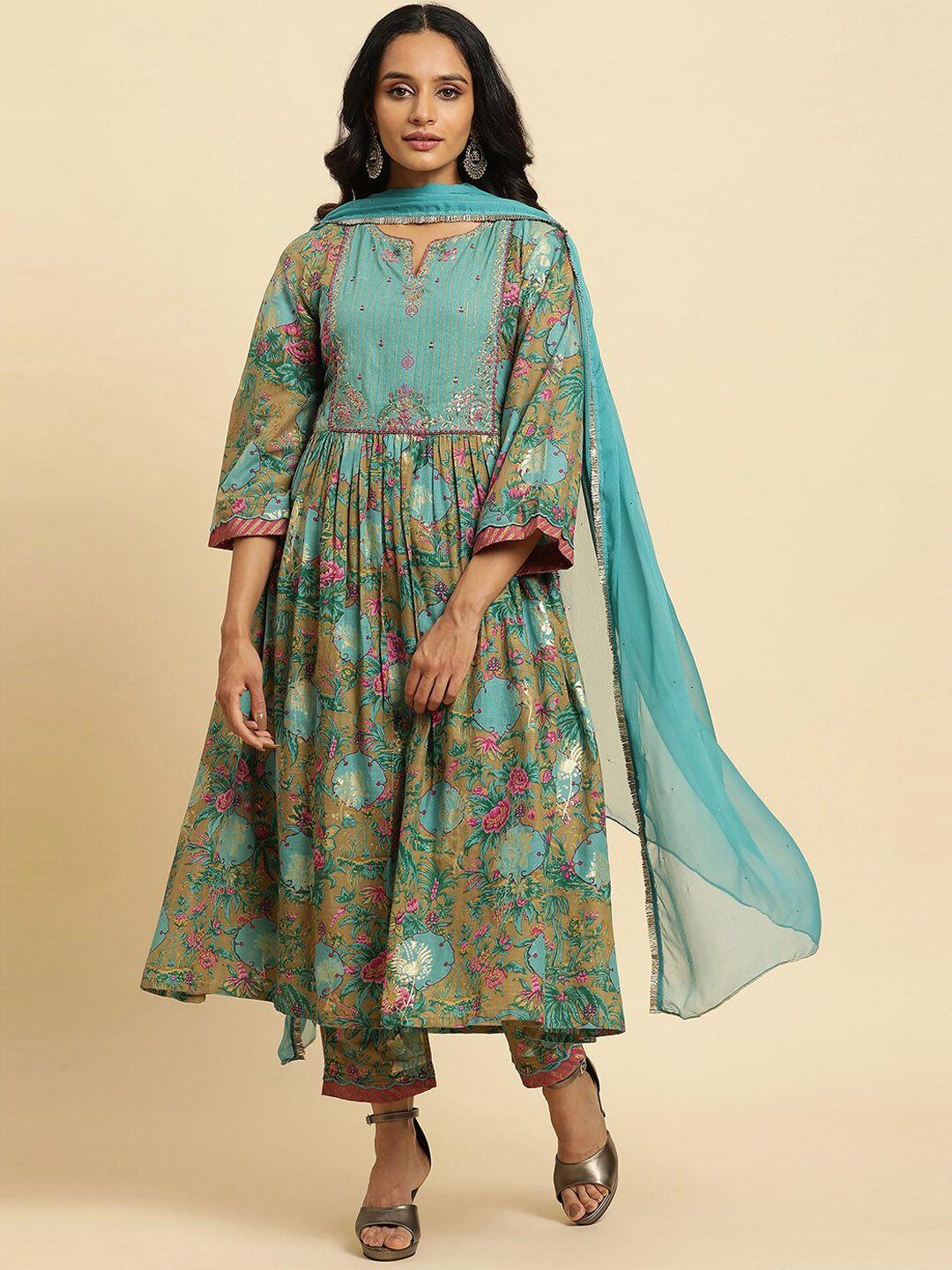 w women floral printed empire thread work pure cotton kurta with trousers & dupatta