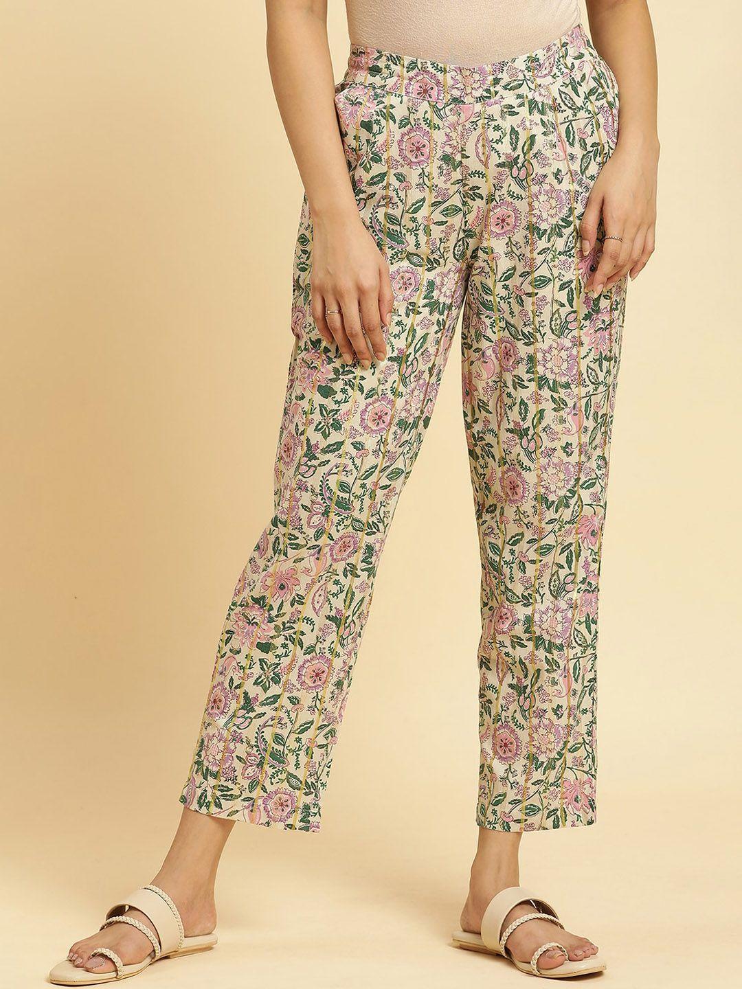 w women floral printed mid rise straight fit parallel trousers