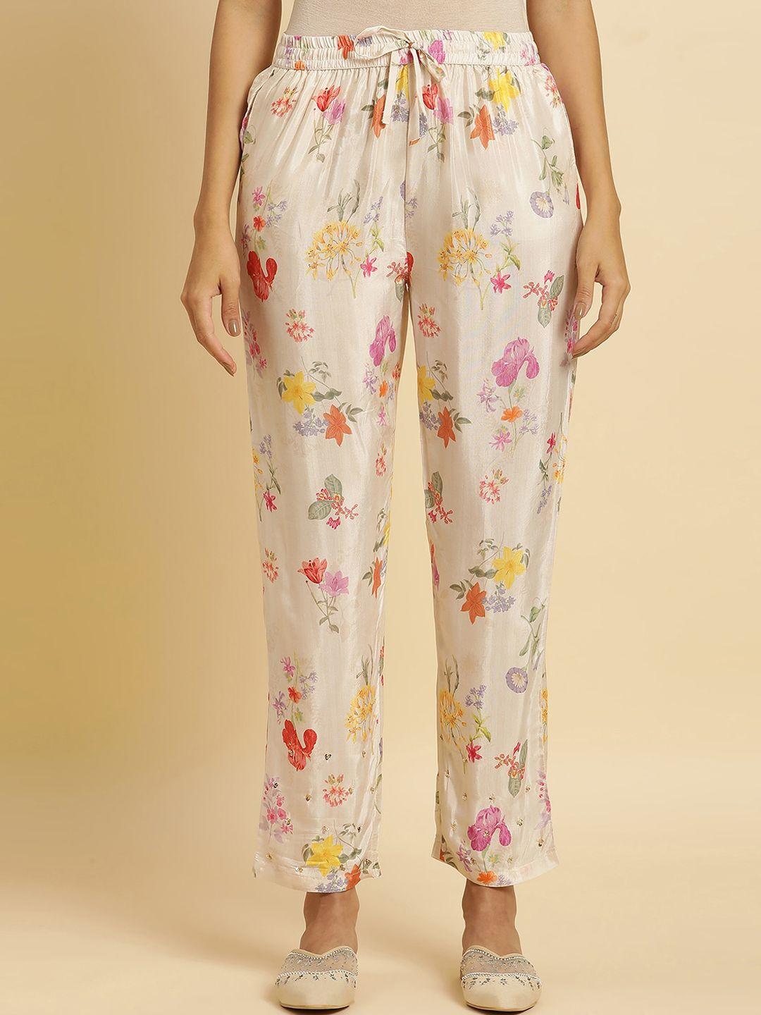 w women floral printed mid-rise straight fit trousers