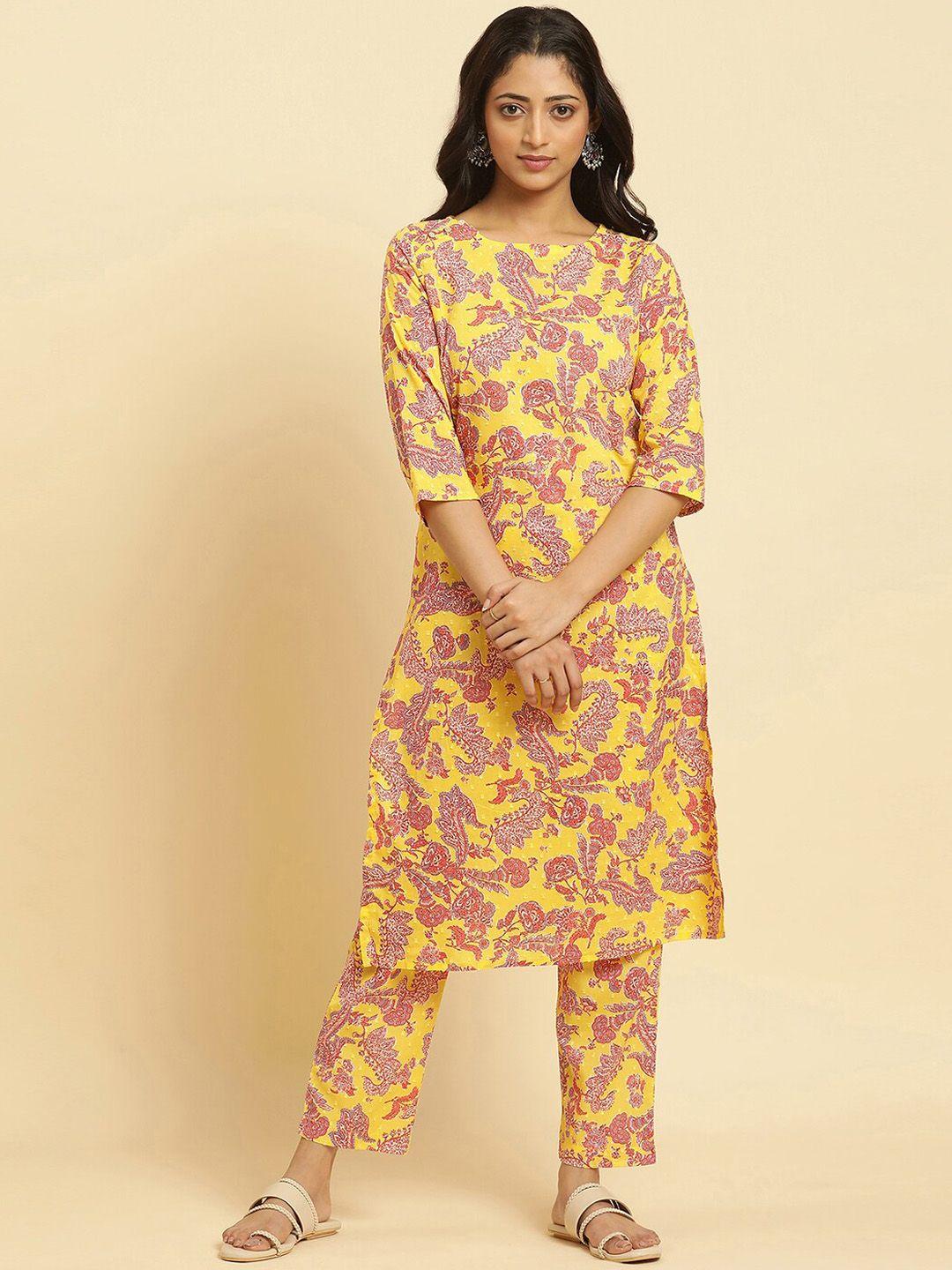 w women floral printed regular pure cotton kurta with trousers
