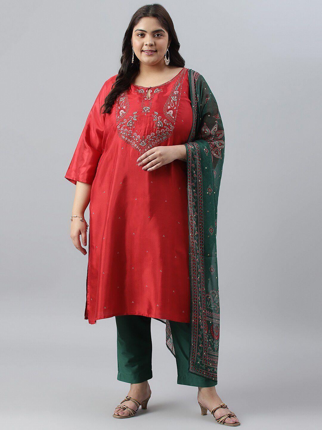 w women floral printed thread work kurta with trousers & with dupatta