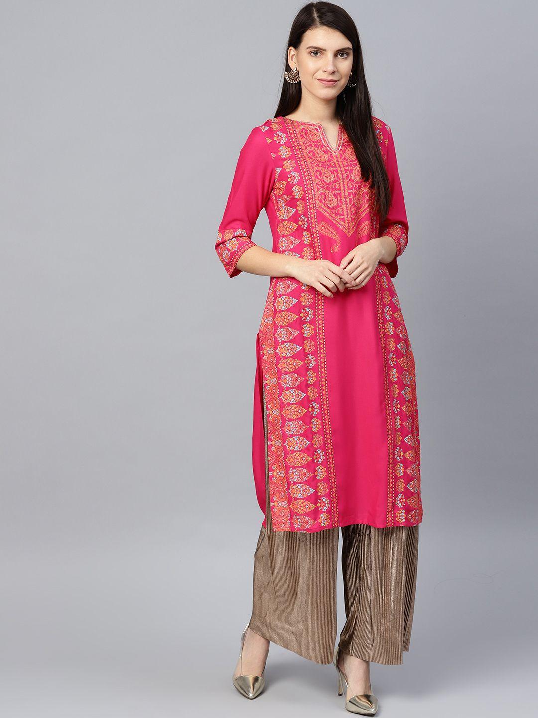 w women fuchsia & peach-coloured printed straight kurta