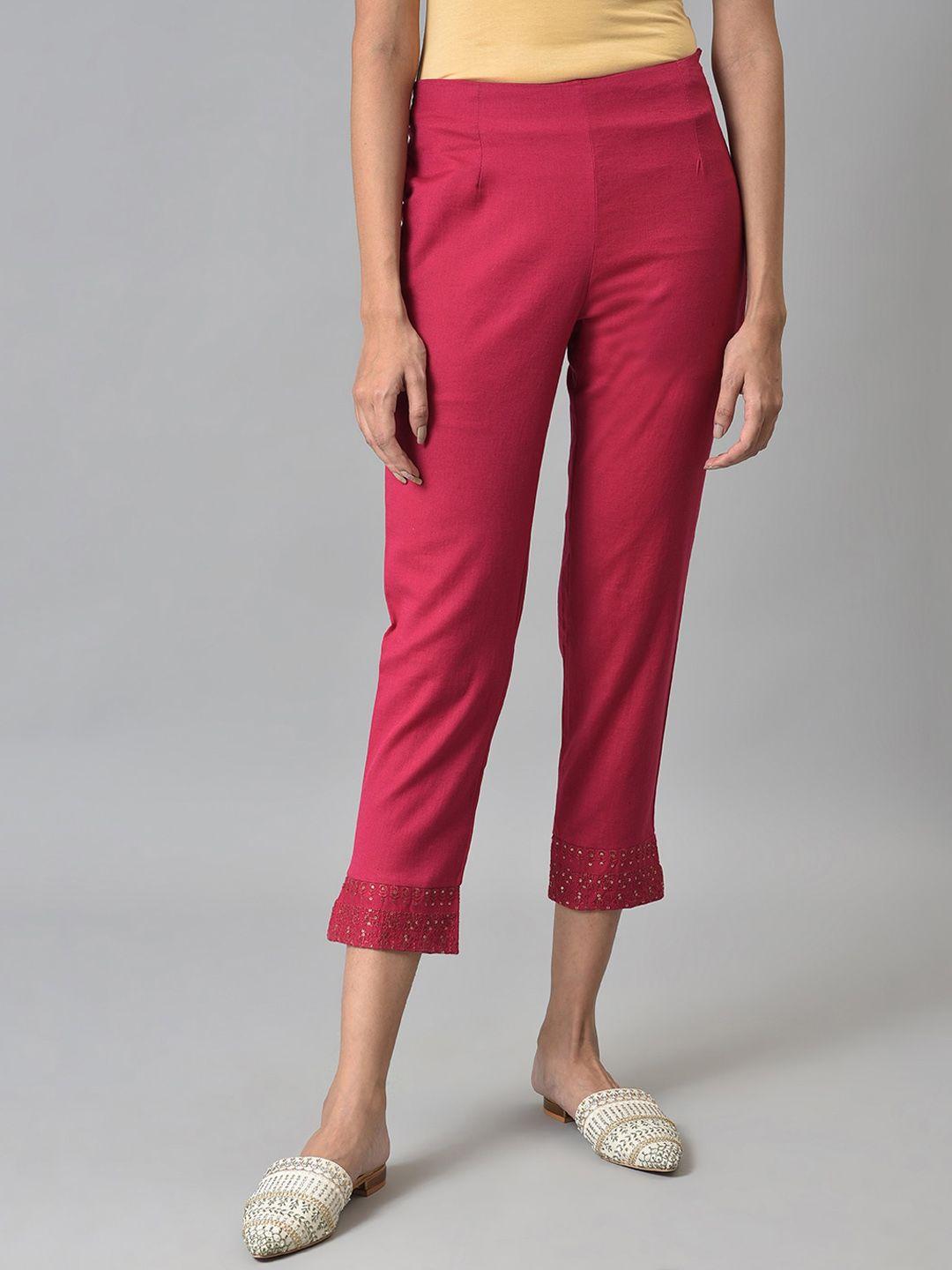 w women fuchsia pink slim fit pleated trouser