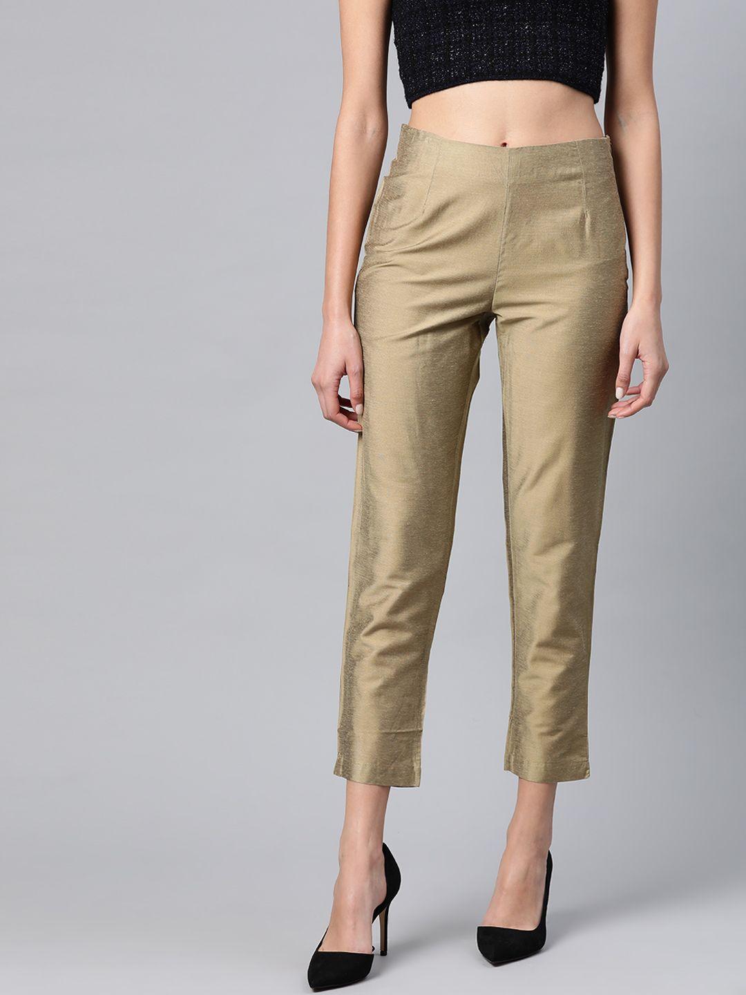 w women golden slim fit solid regular cropped trousers
