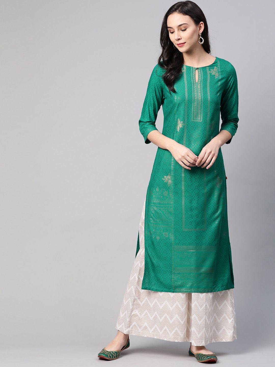 w women green & golden printed straight kurta