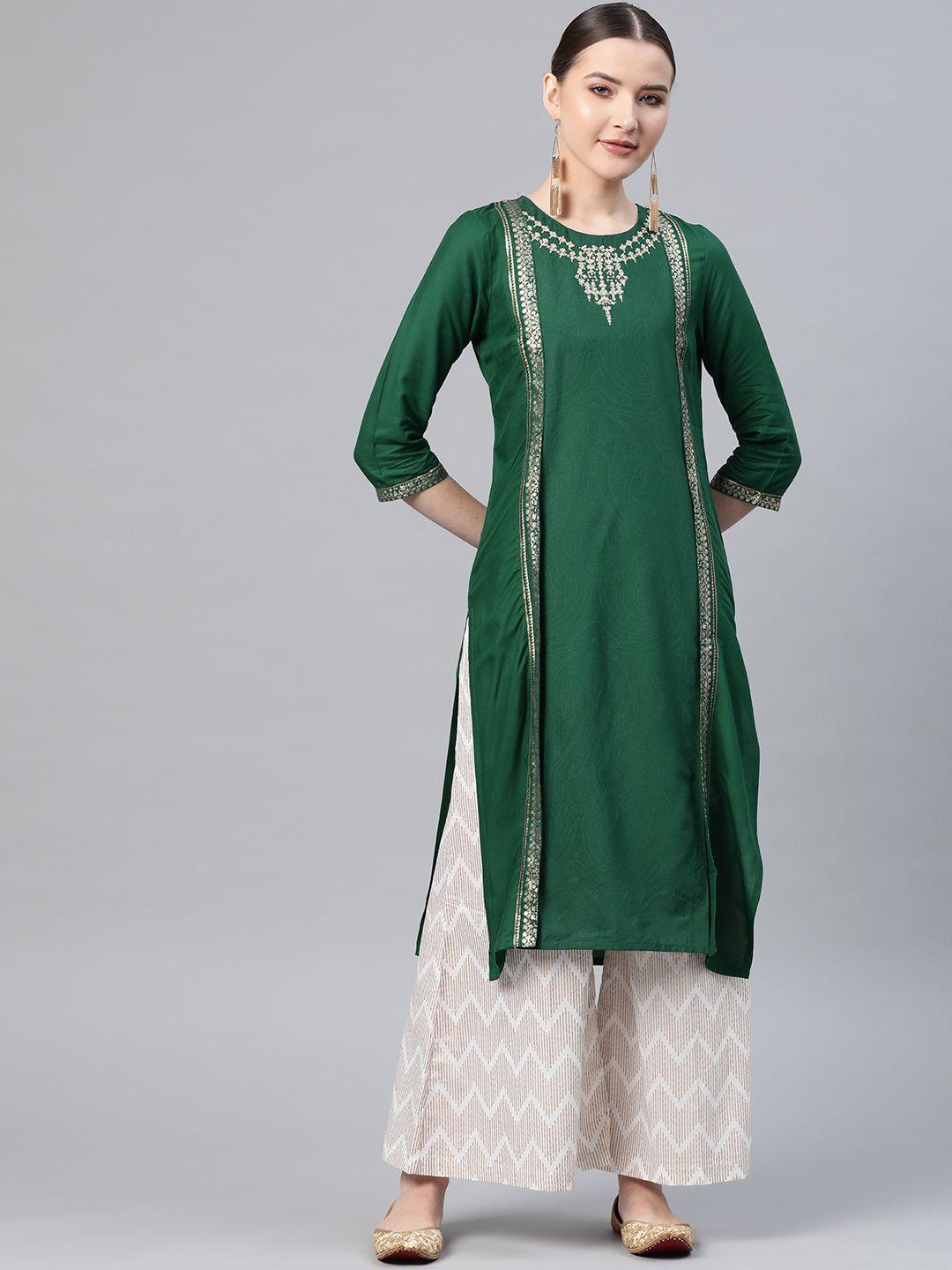 w women green & golden printed straight kurta