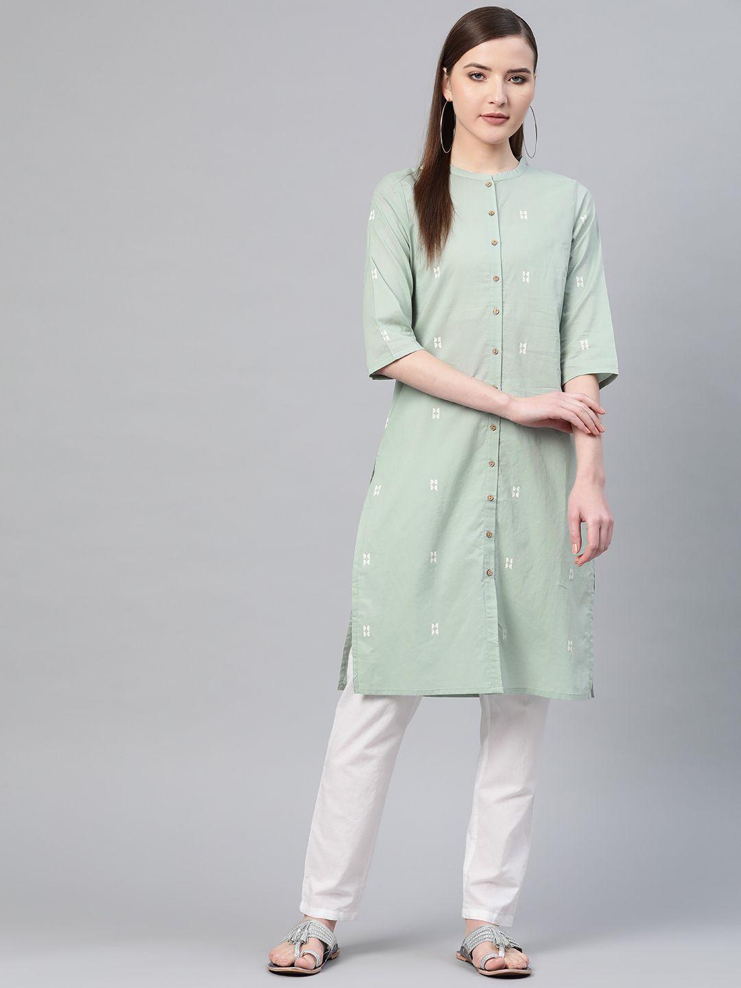 w women green & off-white printed pure cotton straight kurta