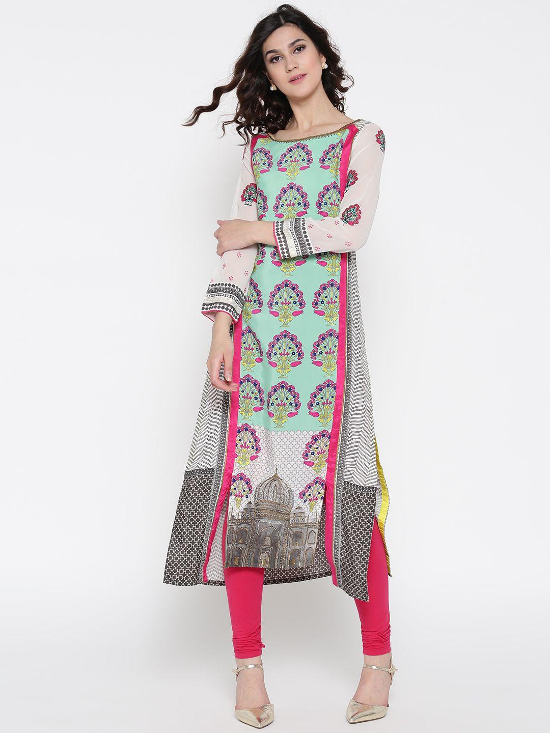 w women green & off-white printed straight kurta