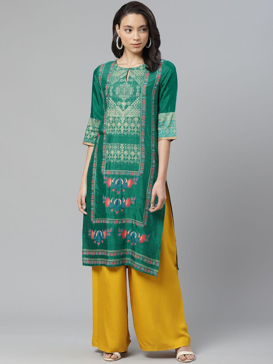 w women green & red printed straight kurta