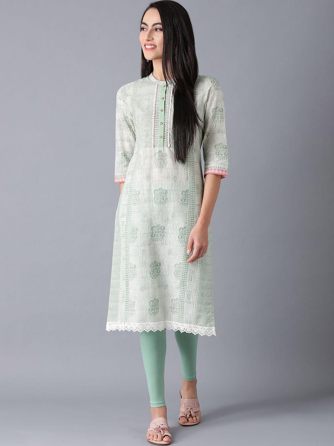 w women green & white ethnic motifs printed pure cotton kurta