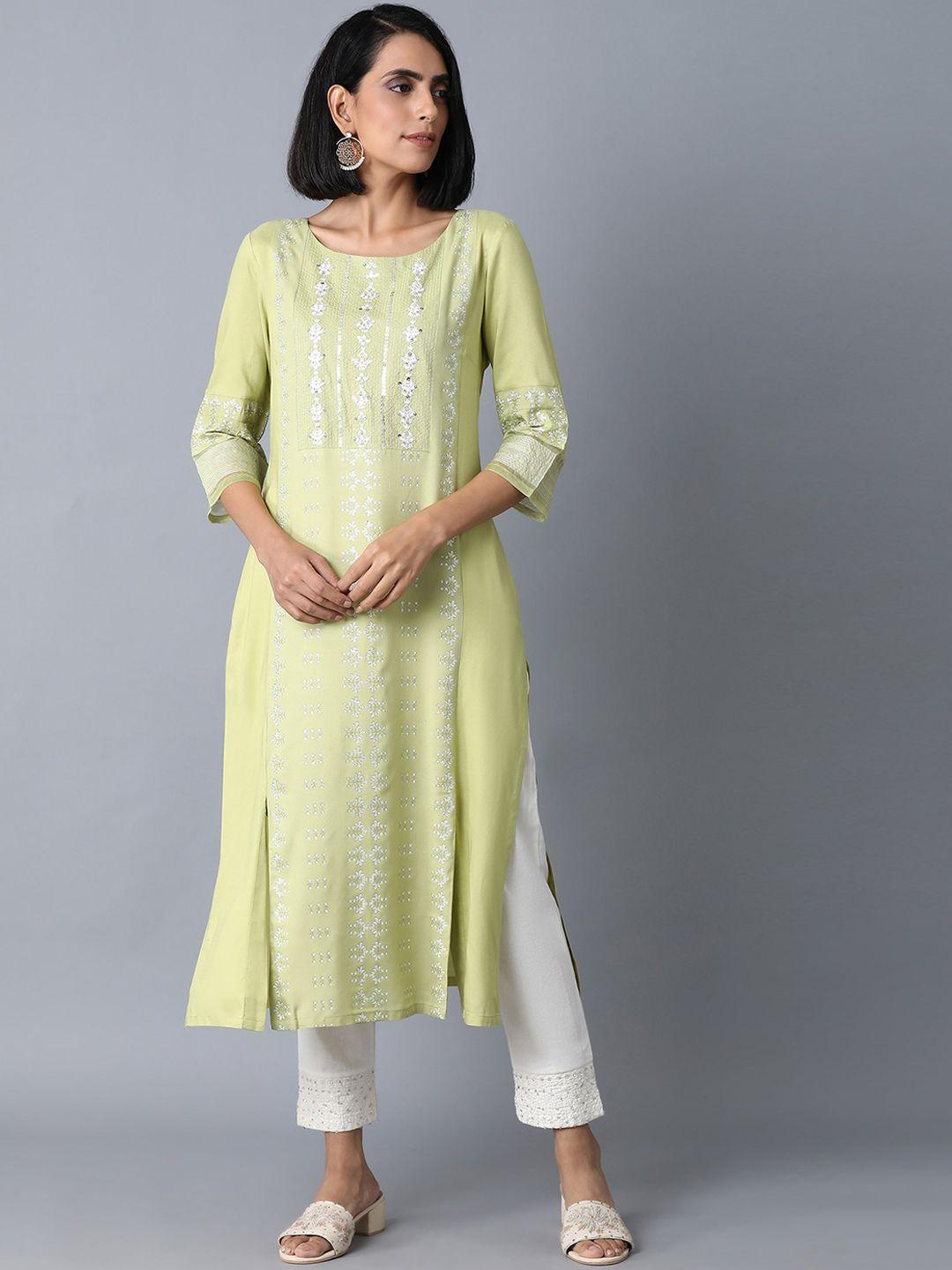 w women green & white floral embroidered thread work kurta