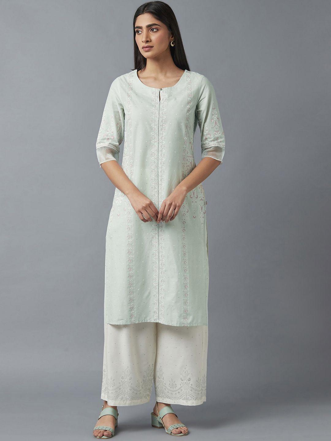 w women green & white printed thee-quarter sleeves kurta