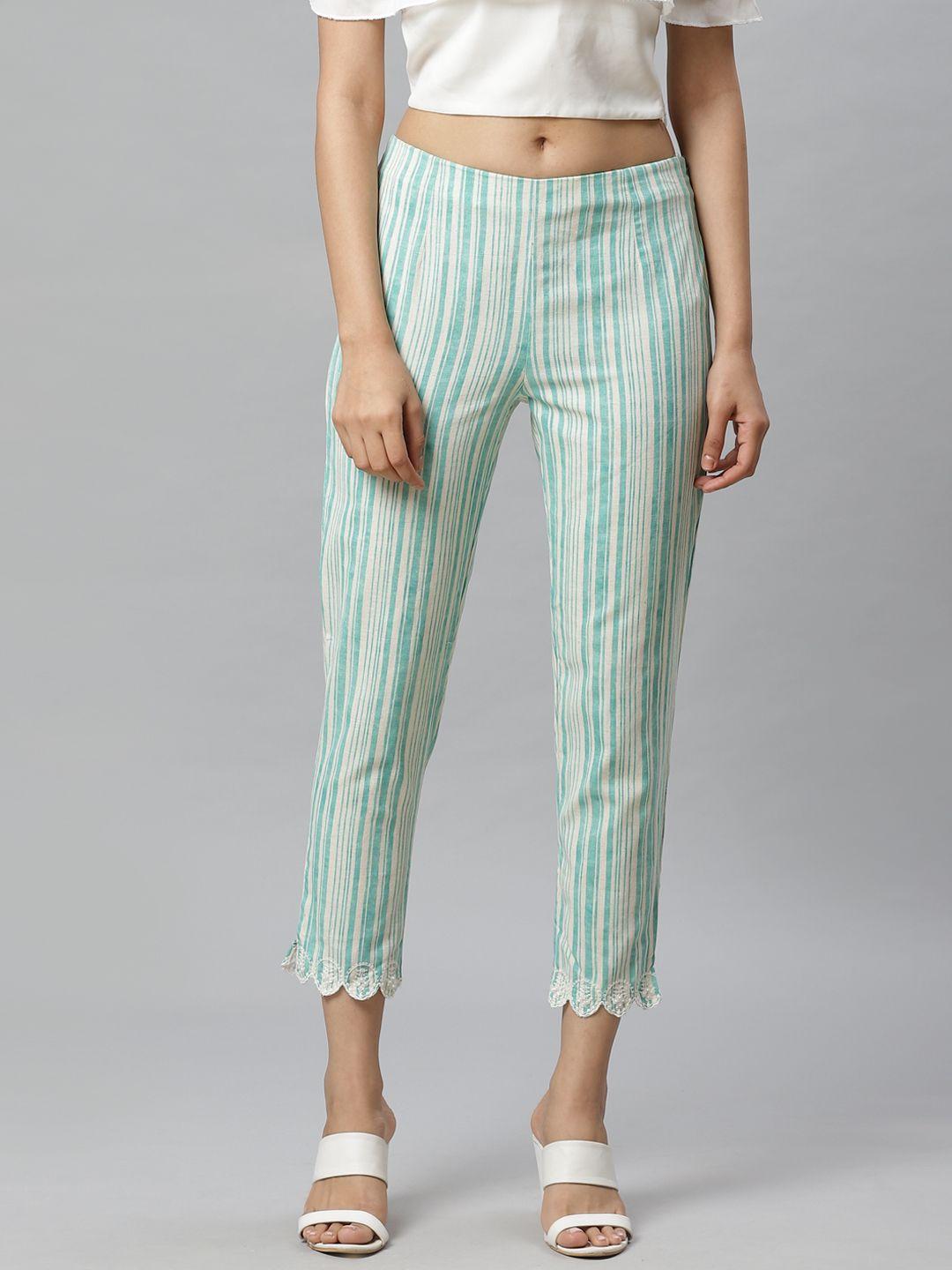 w women green & white slim fit striped regular trousers