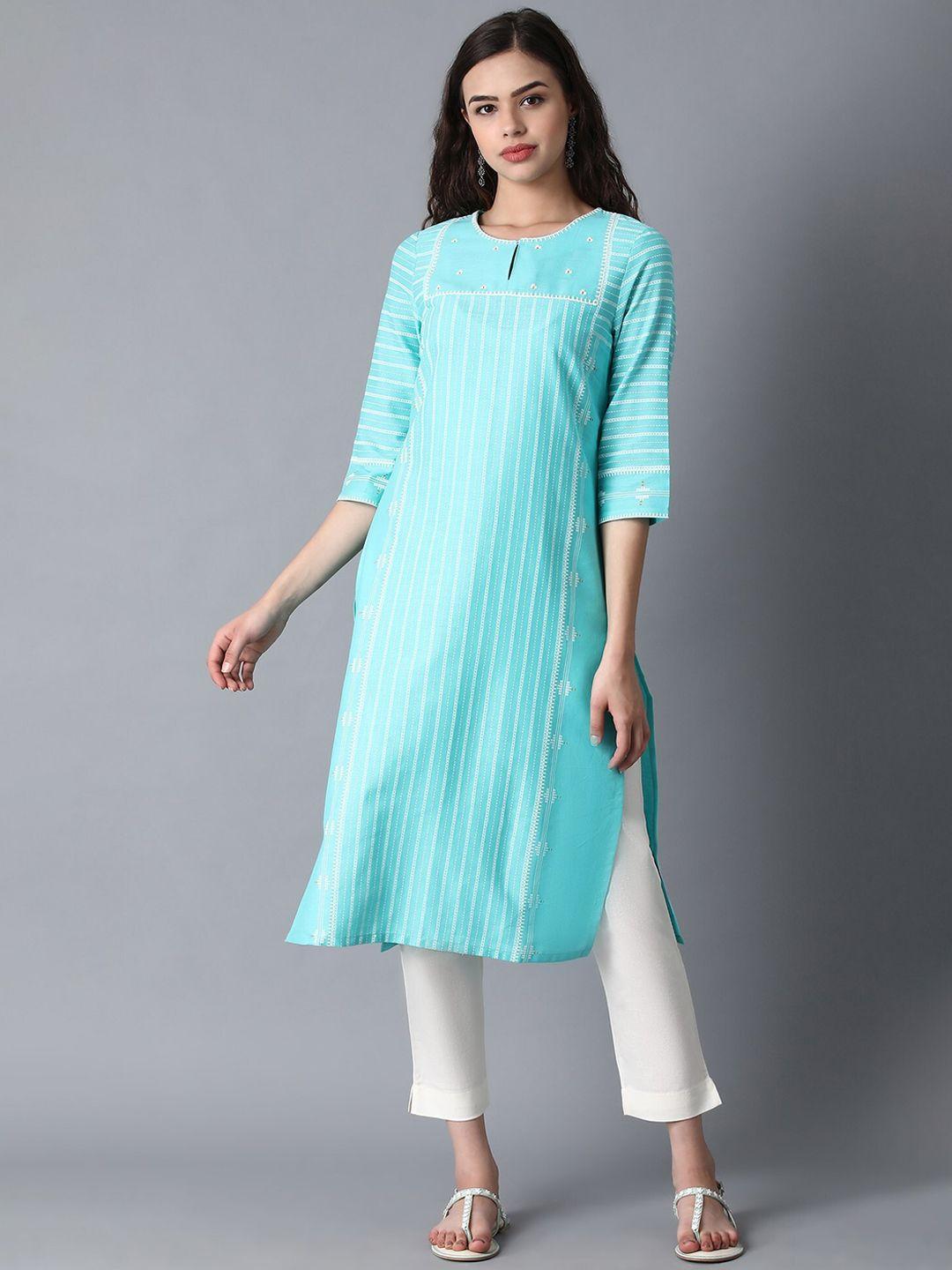 w women green & white striped thread work kurta