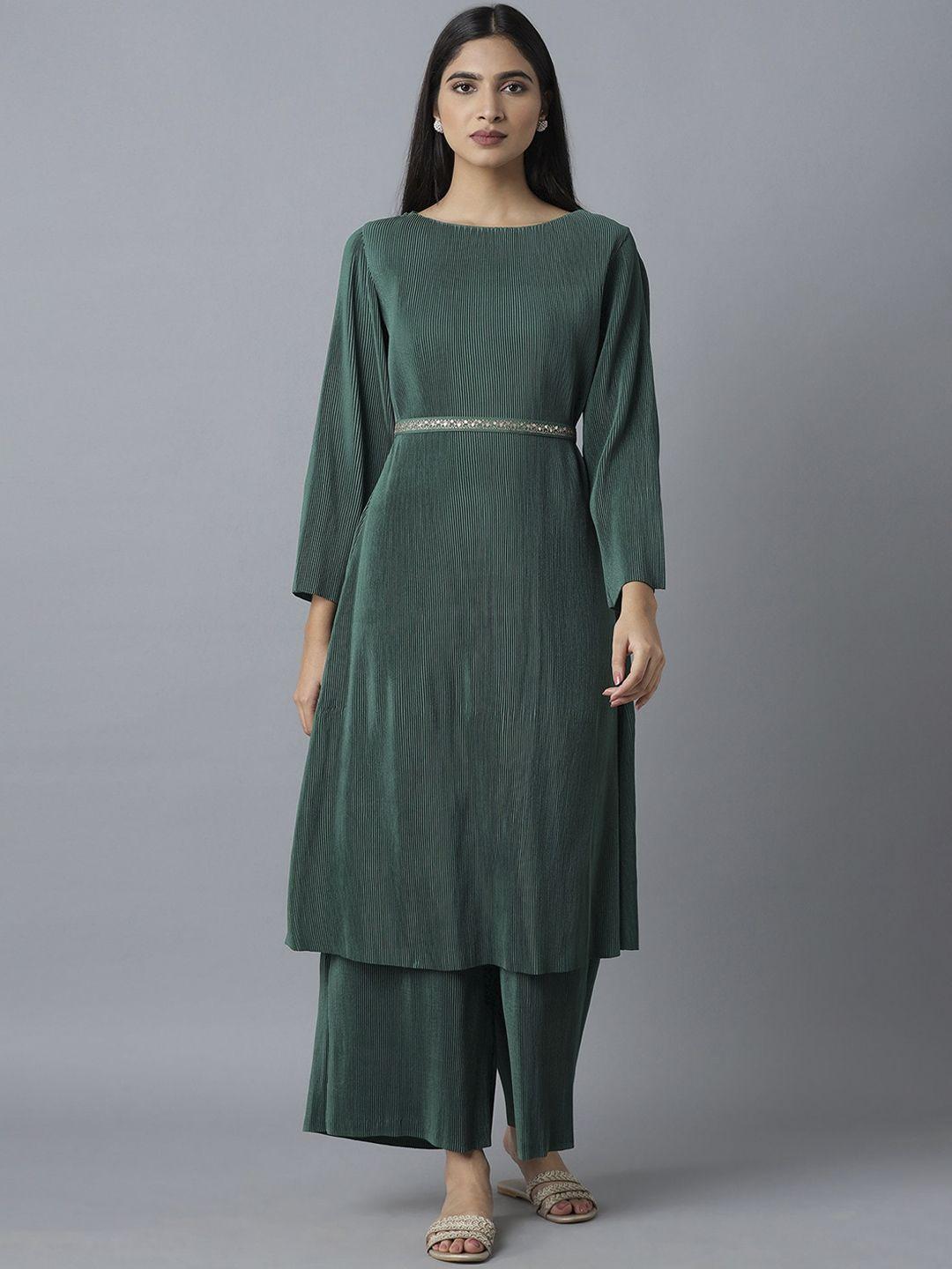 w women green accordian pleated kurta with palazzos