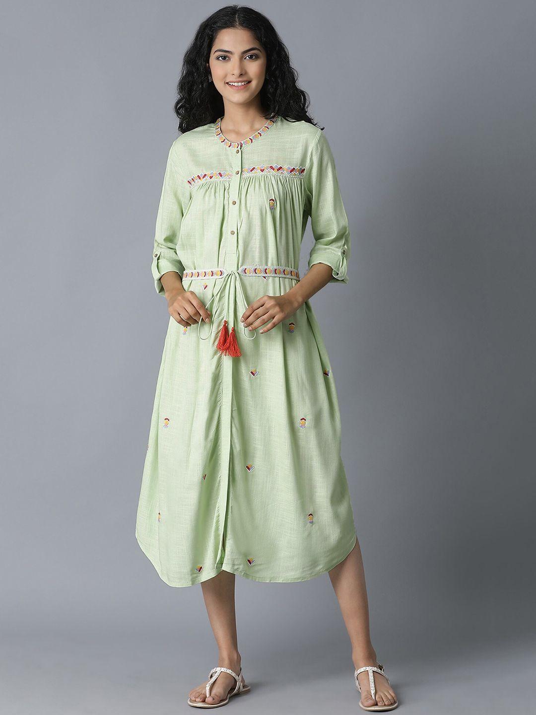 w women green embroidered fit and flare dress