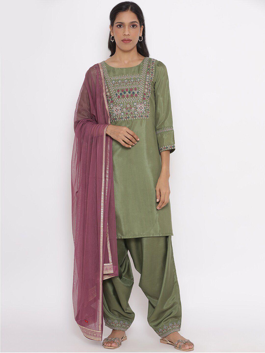 w women green embroidered thread work kurta with dhoti pants & with dupatta