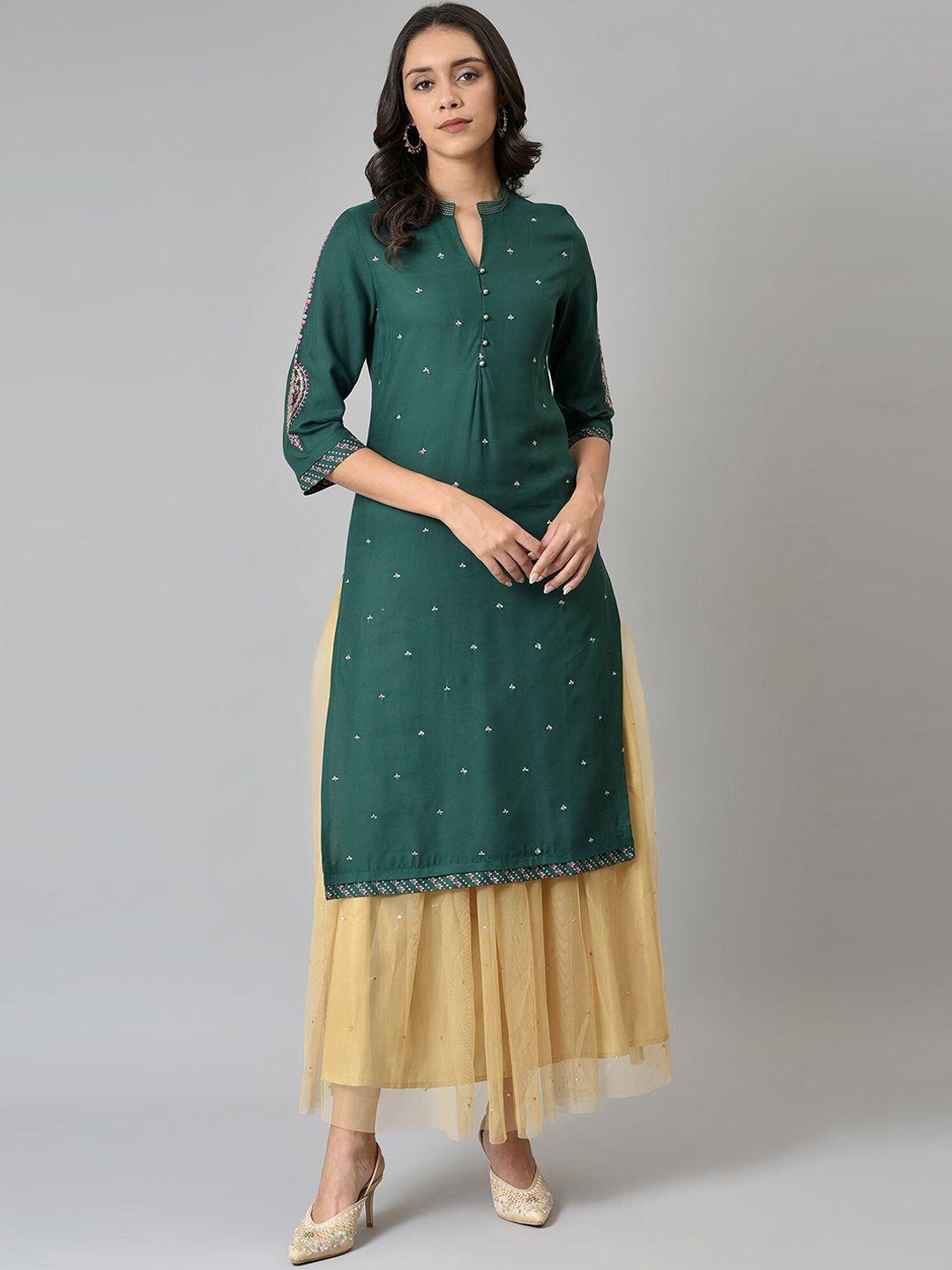 w women green embroidered viscose rayon mandarin collar straight kurta