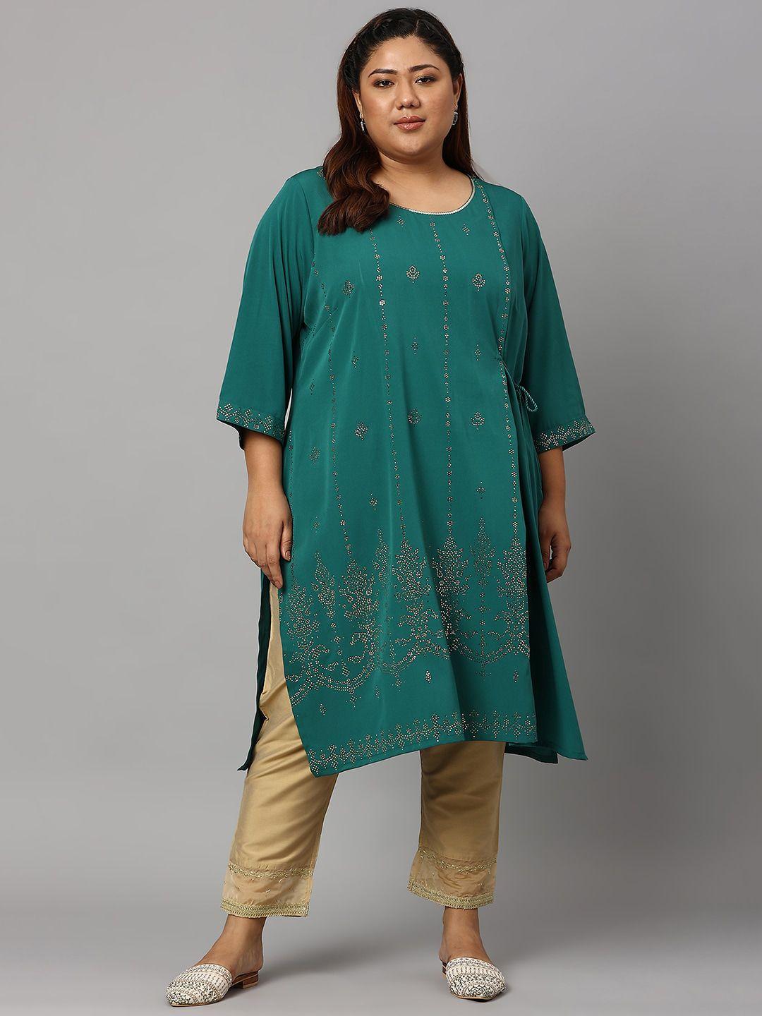 w women green ethnic motifs embellished kurta