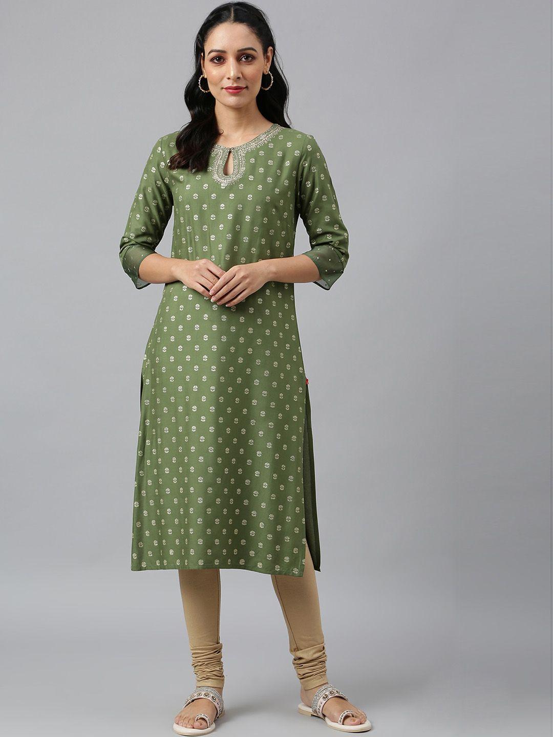 w women green ethnic motifs printed keyhole neck asymmetric kurta