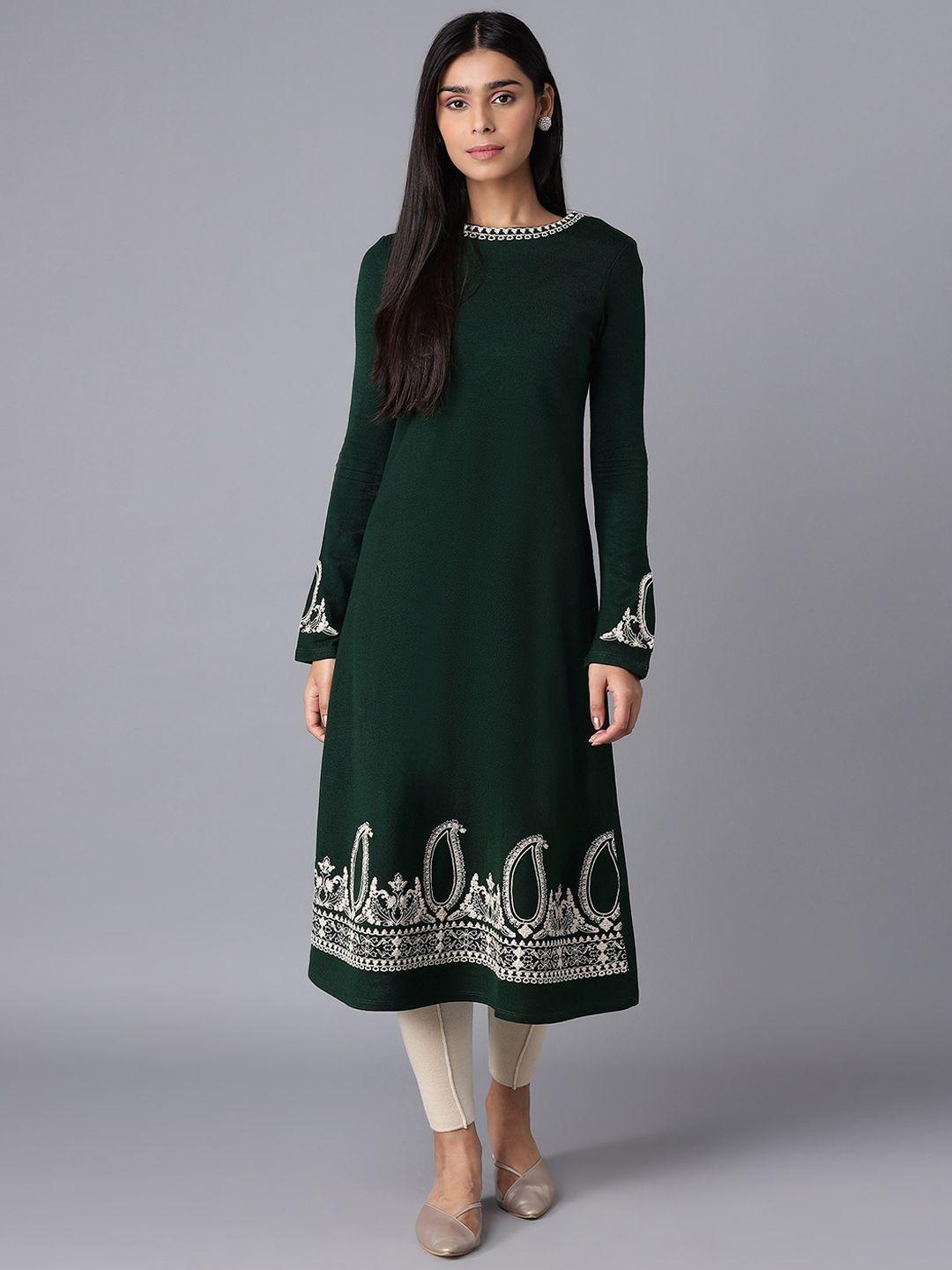 w women green ethnic motifs thread work kurta