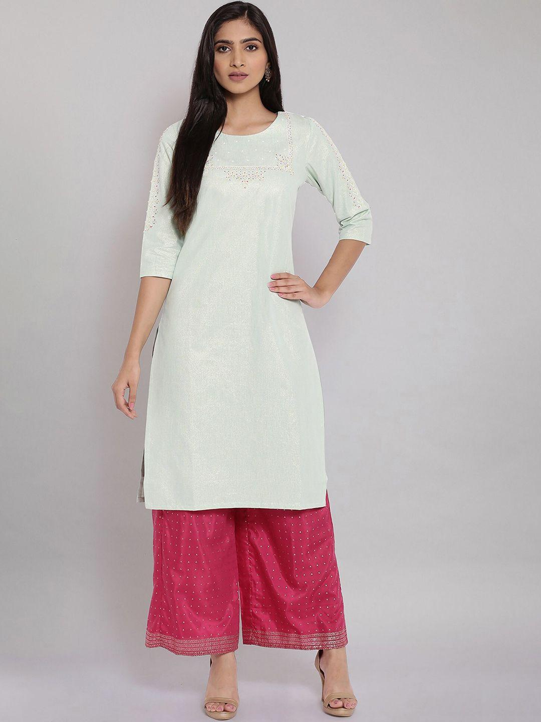 w women green floral embroidered cotton thread work kurta