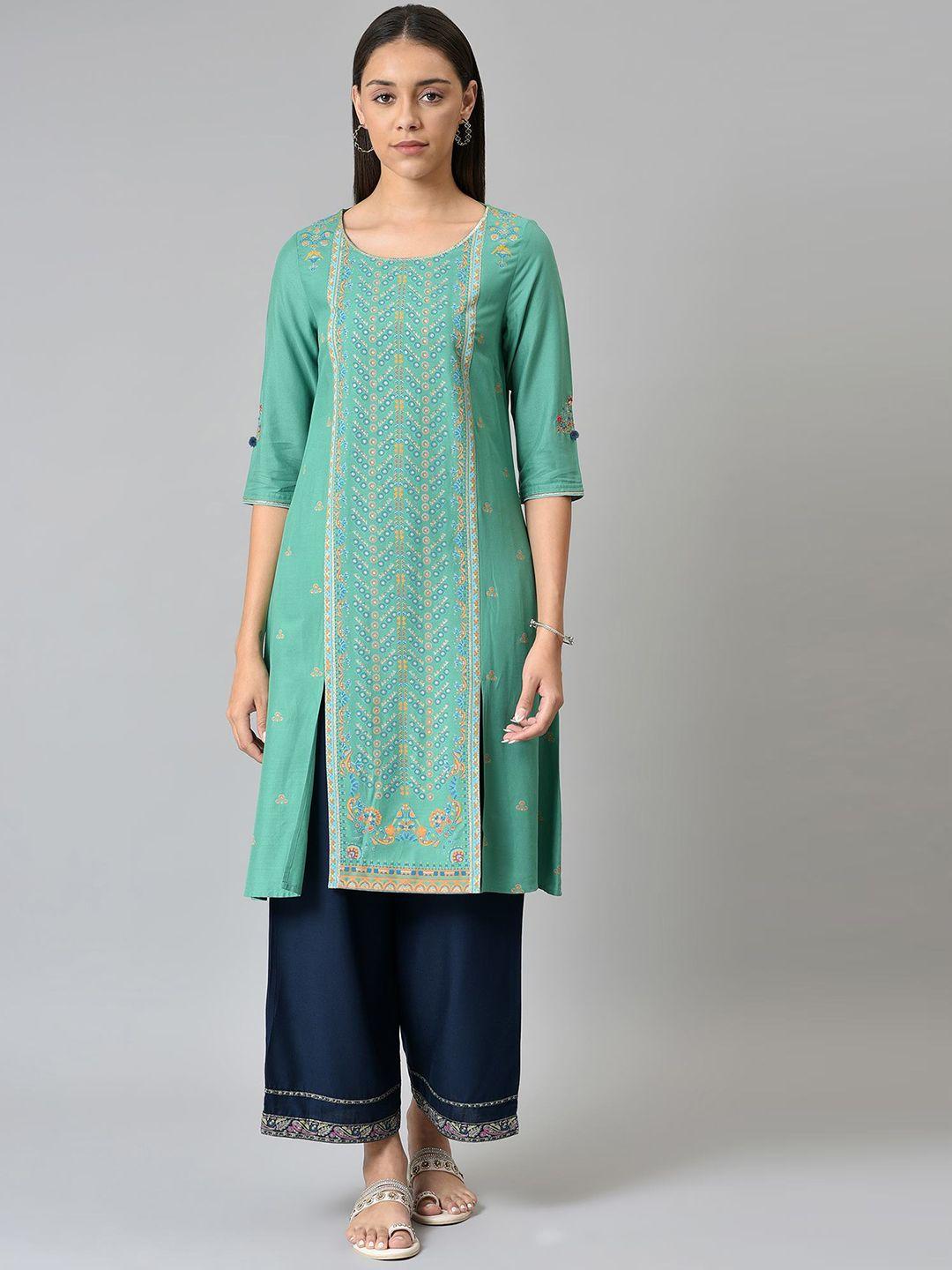 w women green floral embroidered floral kurta