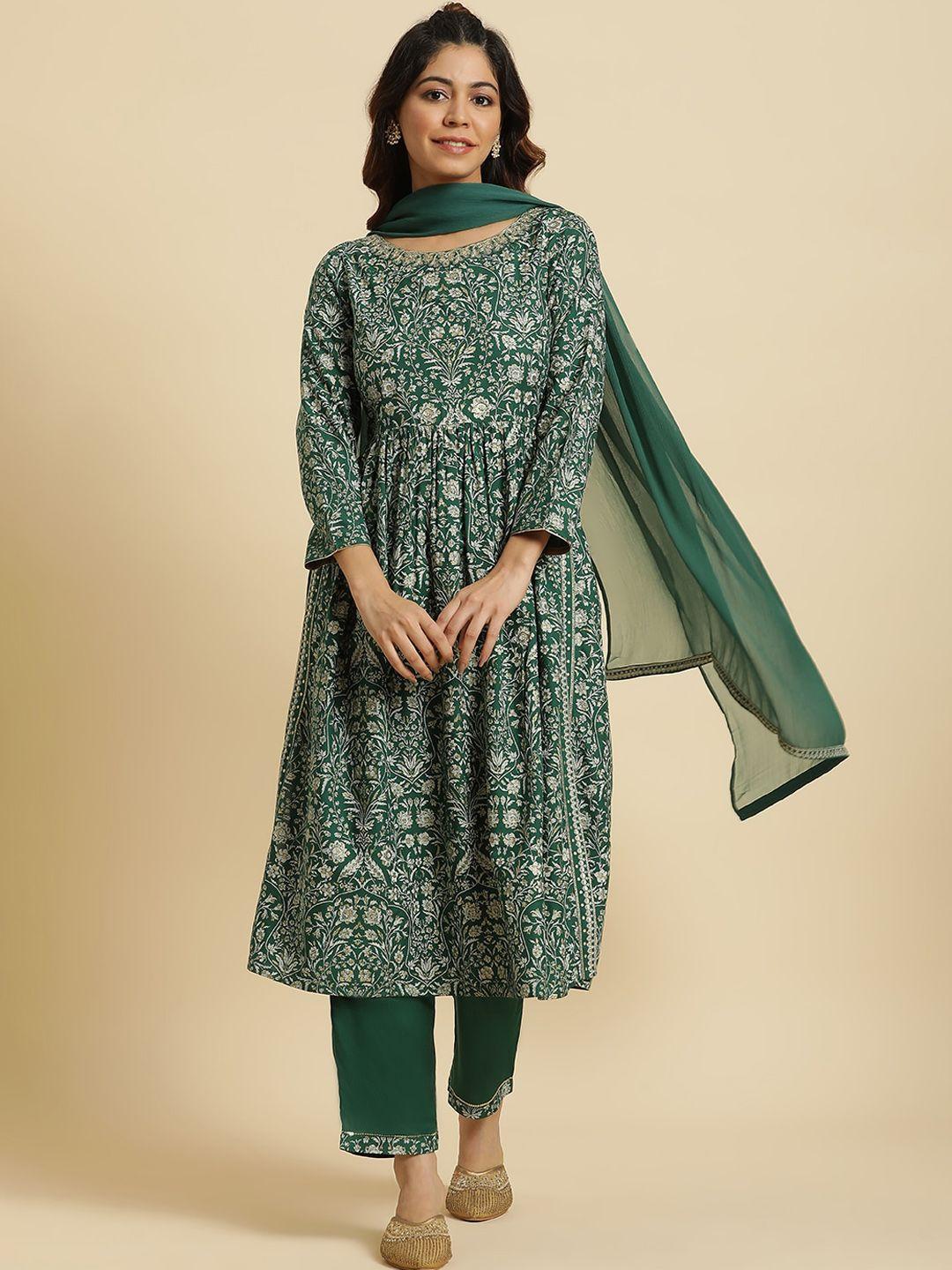 w women green floral printed empire kurta with trousers & with dupatta