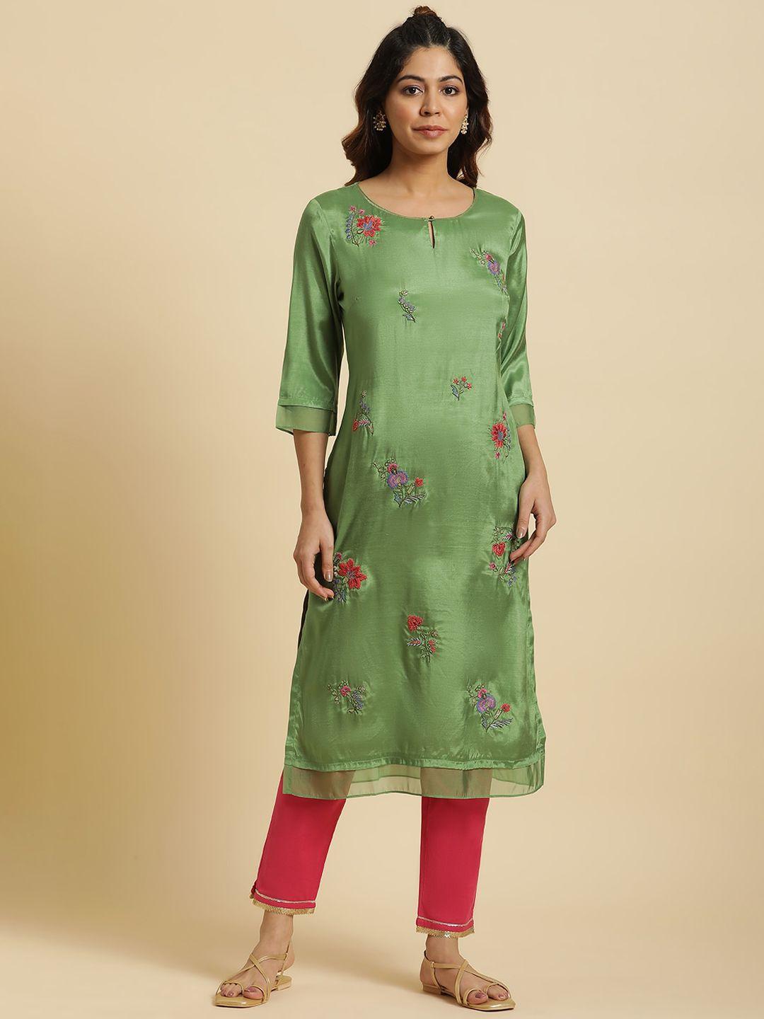 w women green floral printed flared sleeves thread work kurta