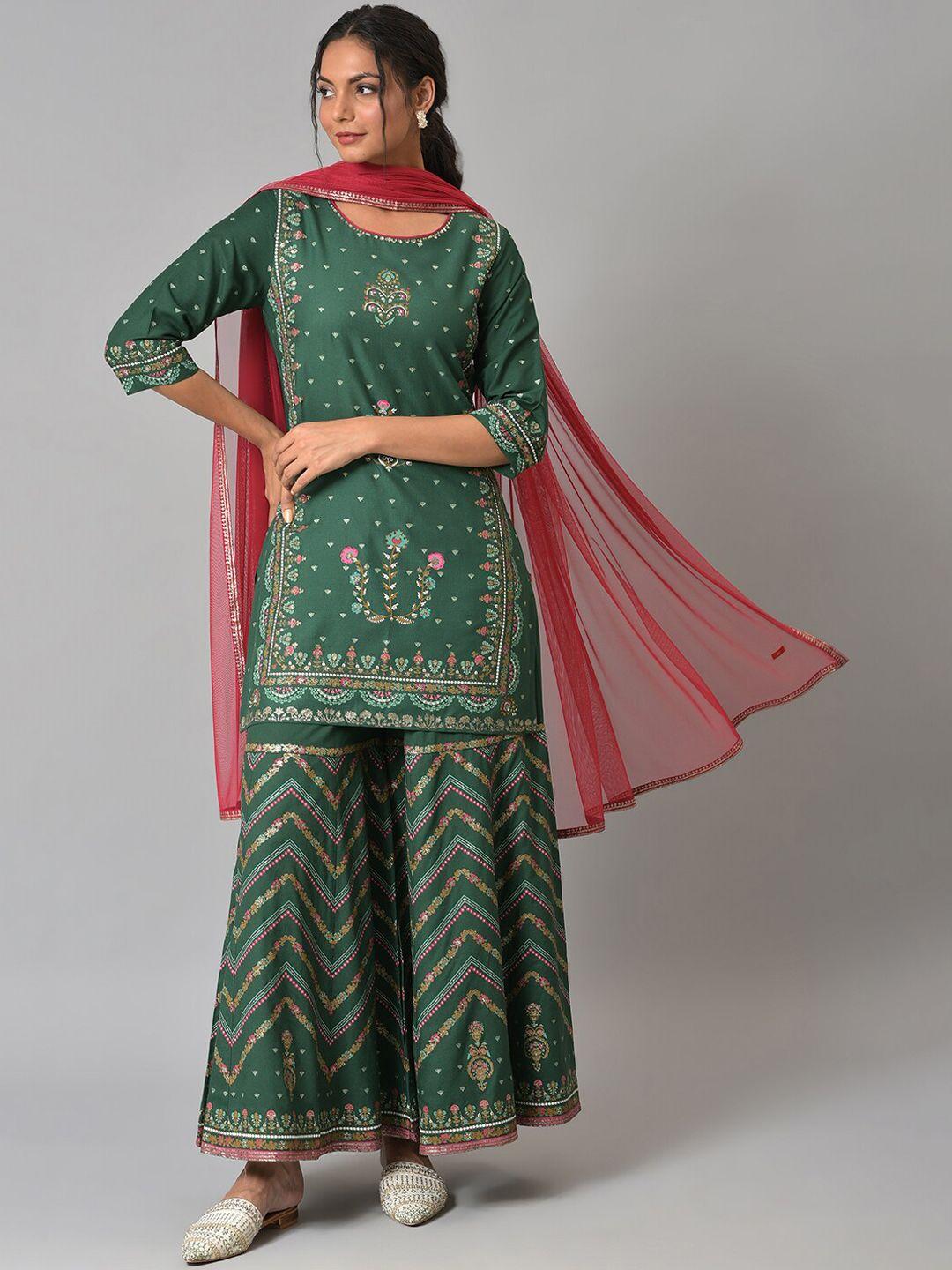 w women green floral printed kurta with sharara & with dupatta