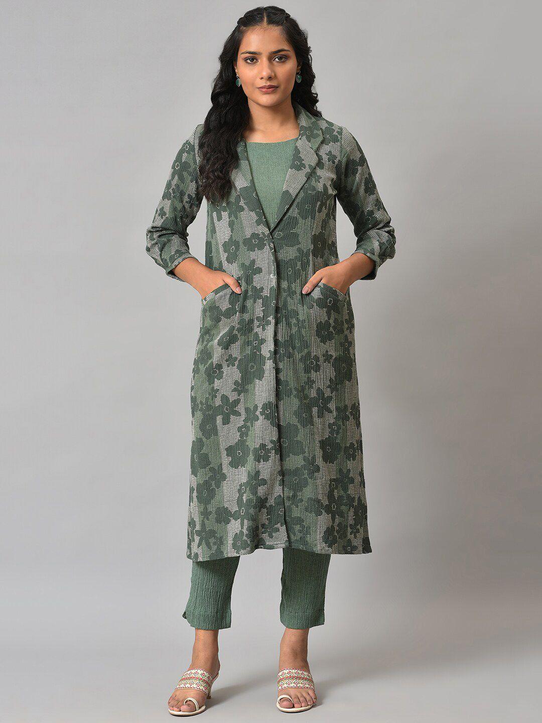 w women green floral printed kurta with trouser