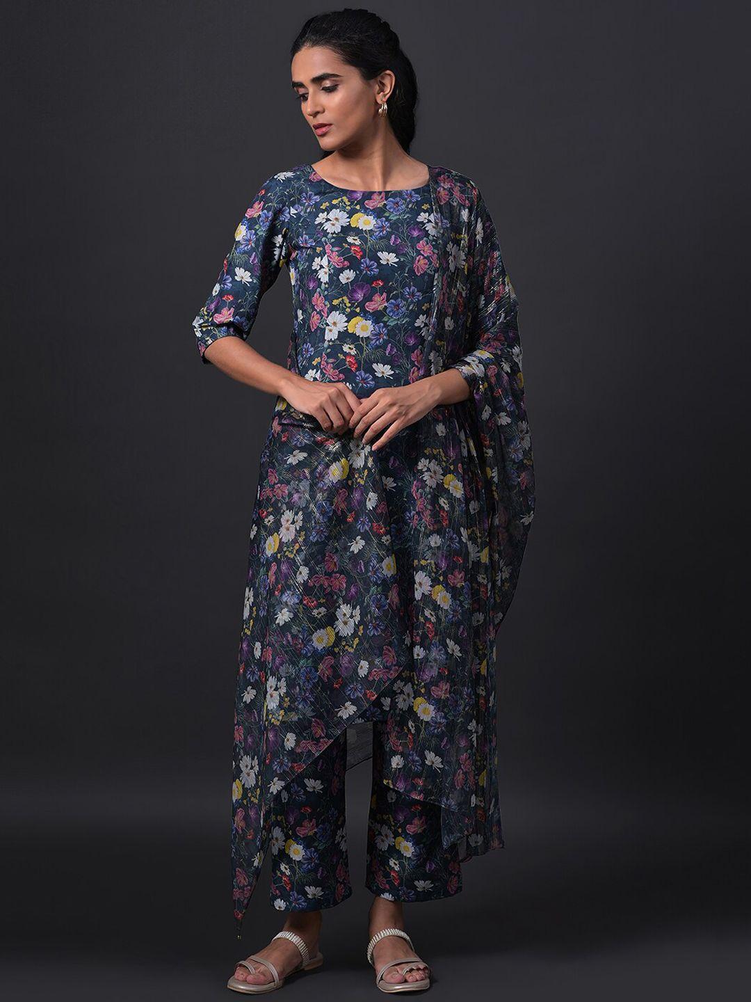 w women green floral printed kurta with trousers & with dupatta