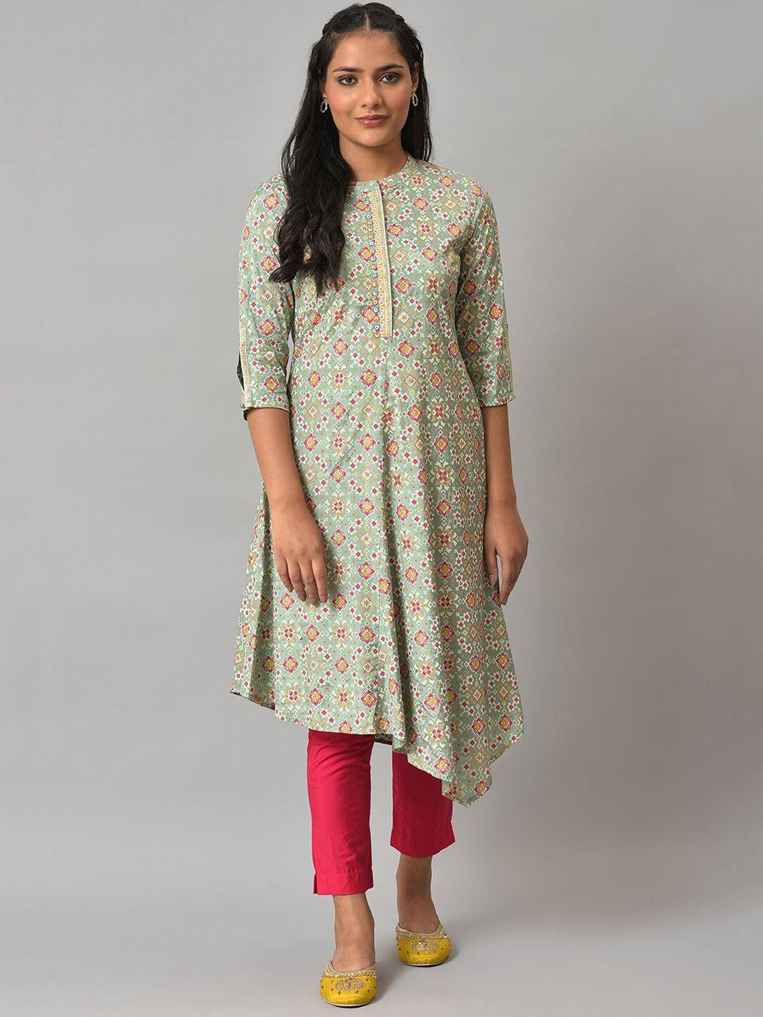 w women green floral printed kurta