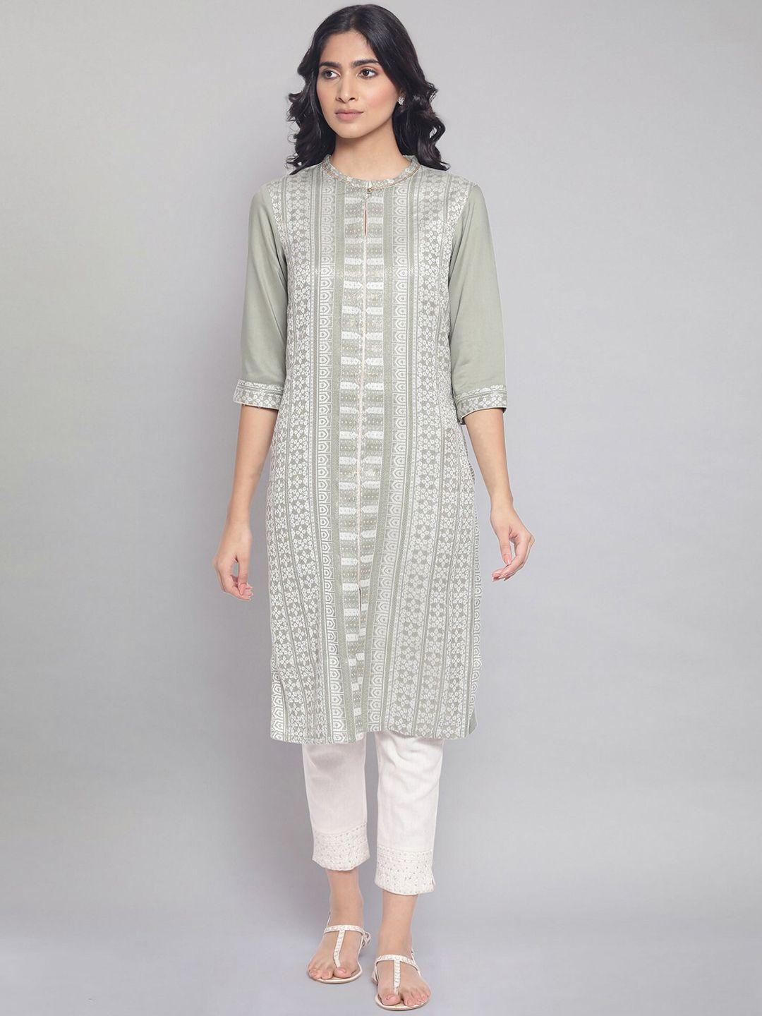 w women green geometric keyhole neck kurta