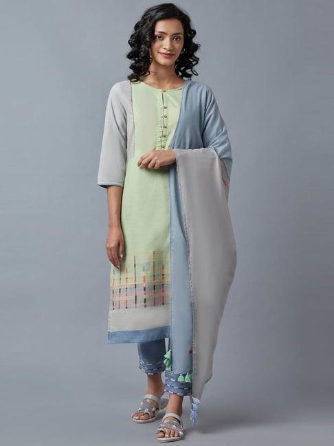 w women green geometric print cotton blend kurta with slim pant & dupatta