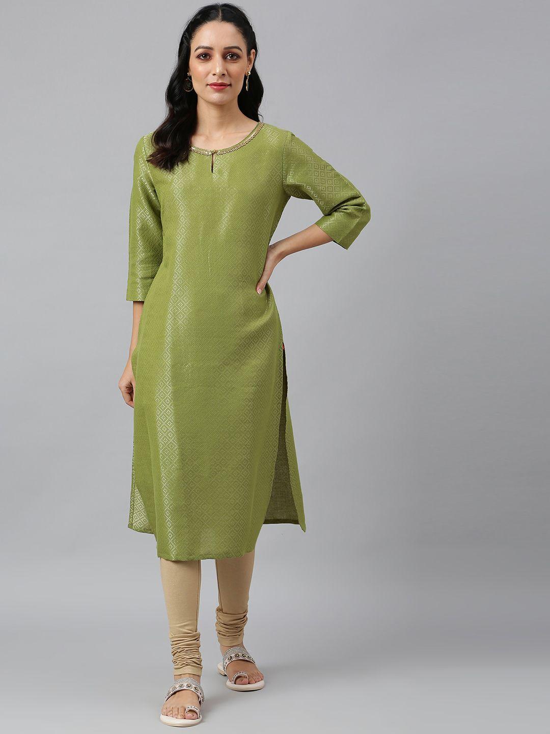 w women green keyhole neck kurta