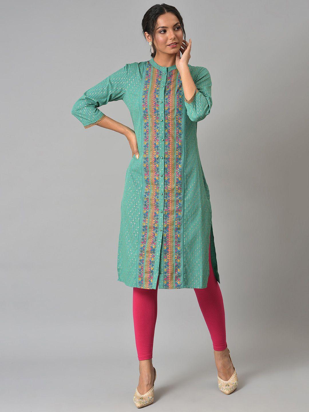 w women green mandarin collar printed kurta