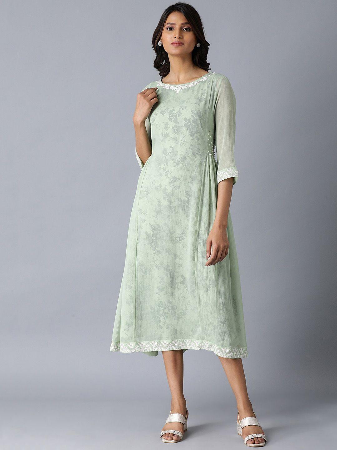 w women green printed a-line dress