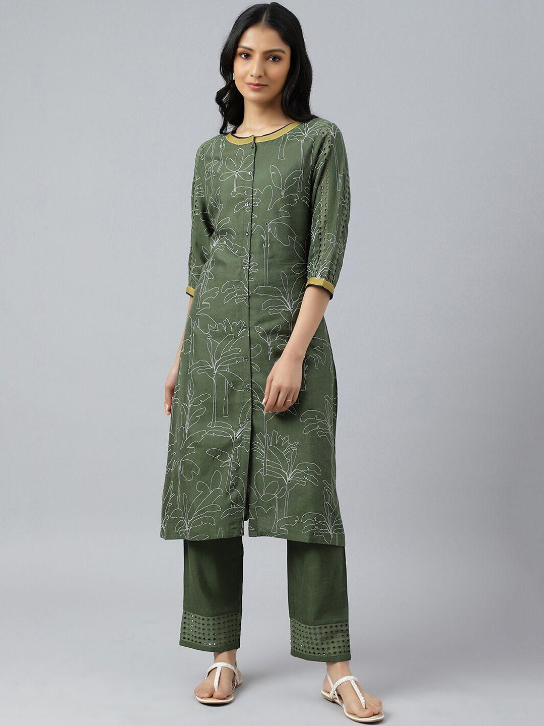 w women green printed cotton kurta with trousers