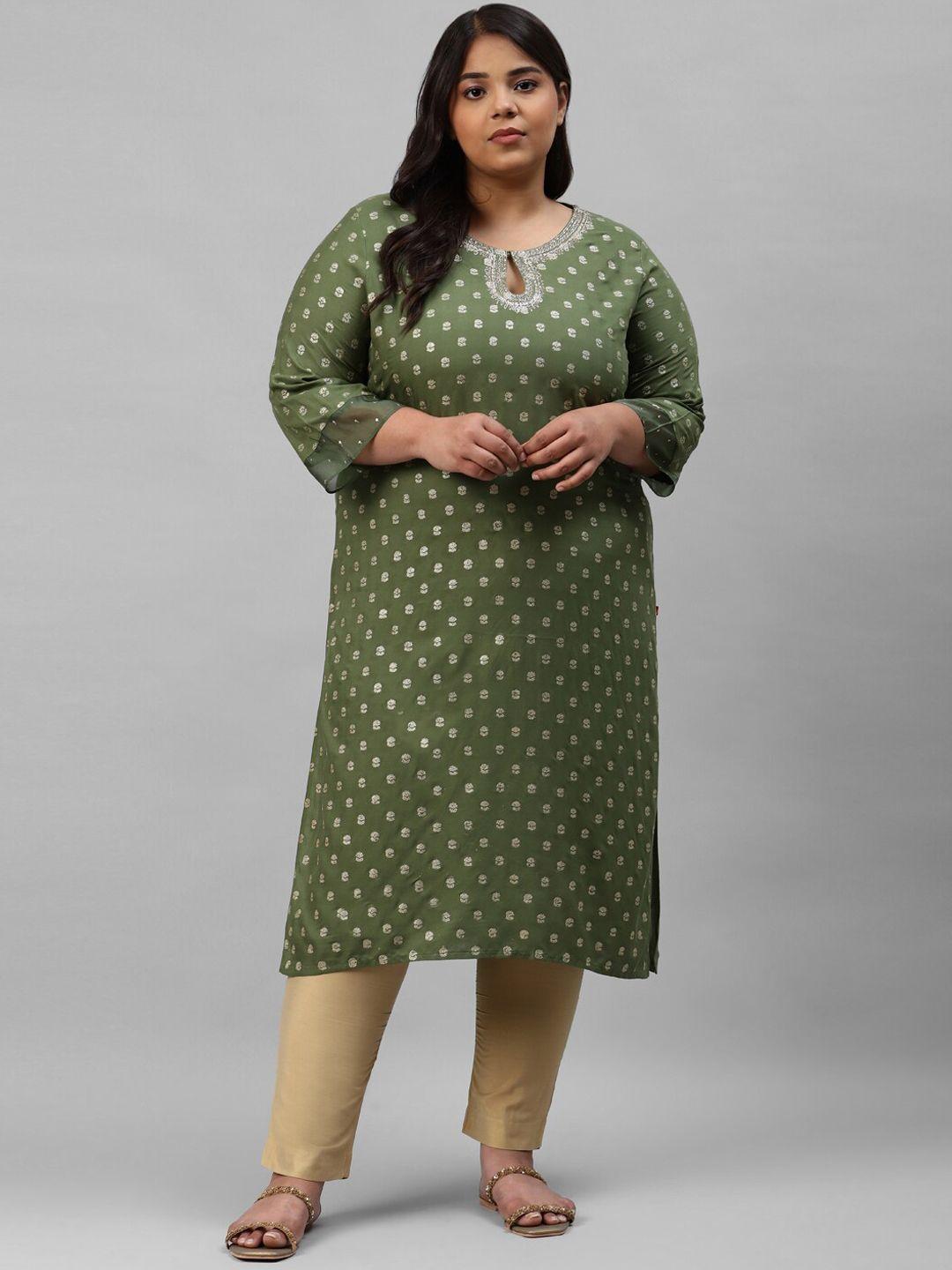 w women green printed flared sleeves thread work kurta