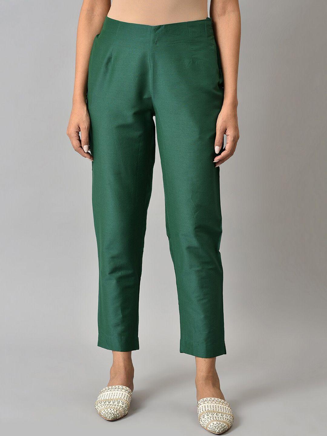 w women green slim fit trousers