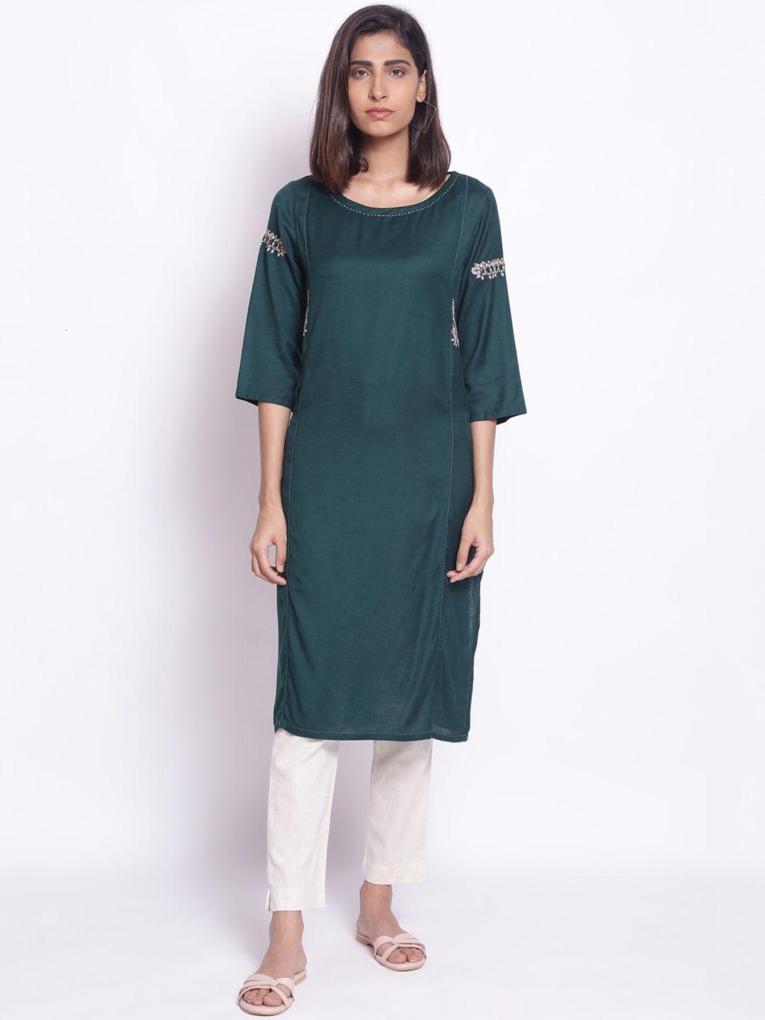 w women green solid kurta