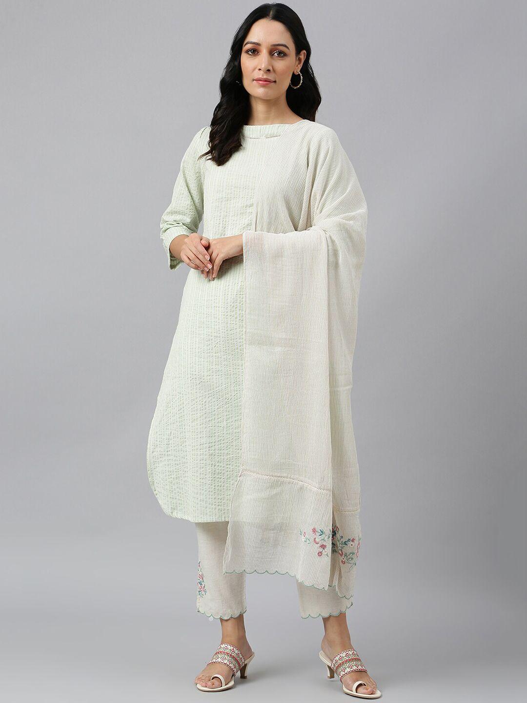 w women green striped kurta with trousers & with dupatta