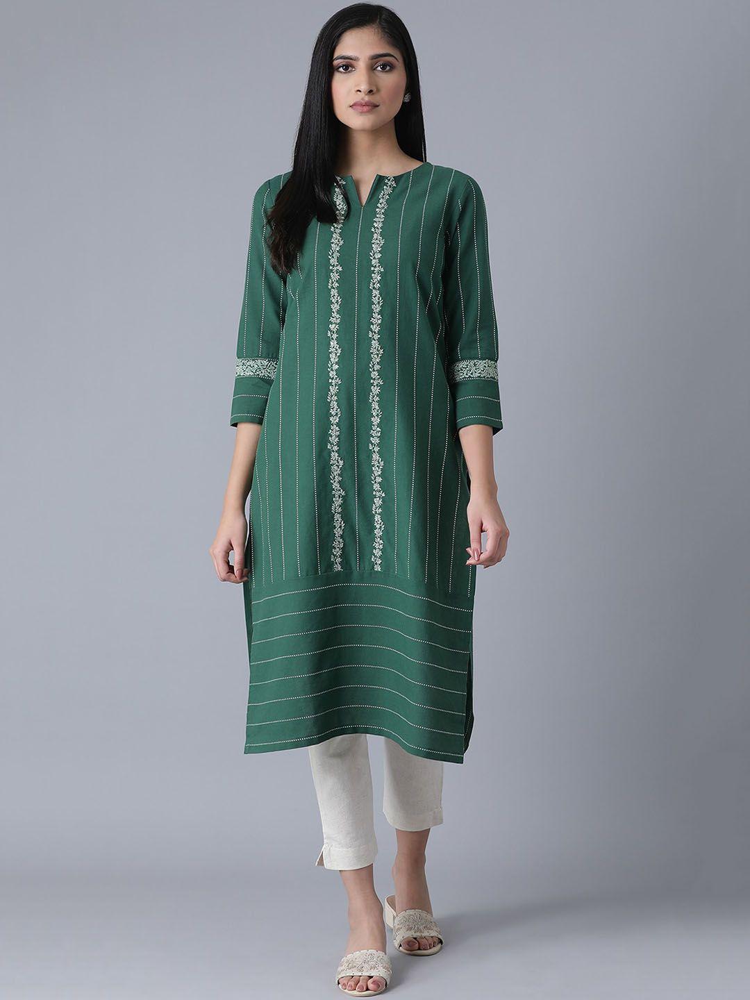 w women green striped thread work kurta